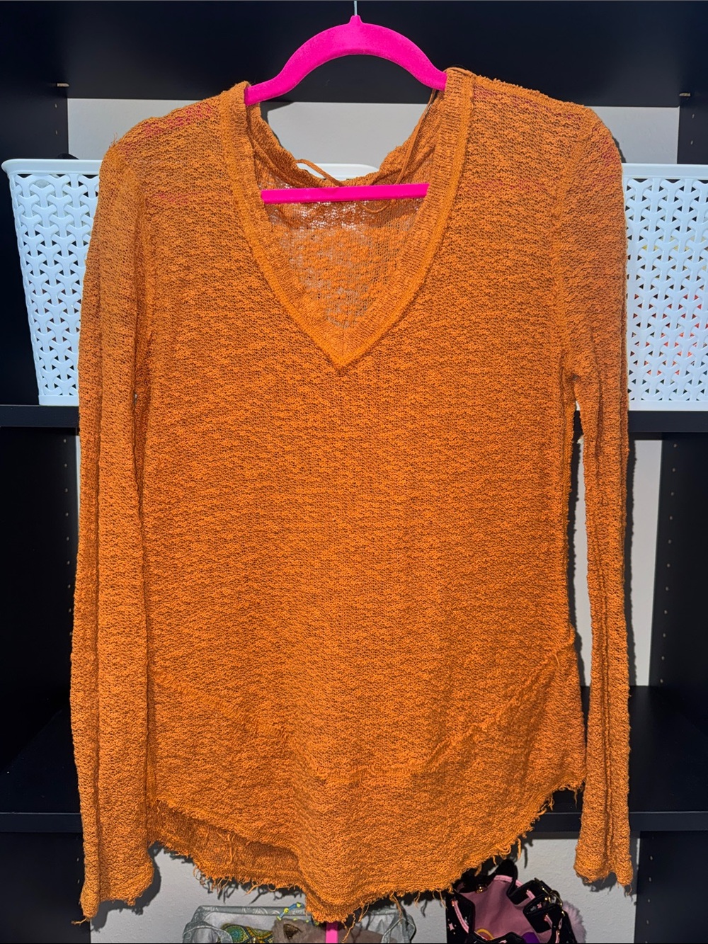 We The Free Open-Knit V-Neck Sweater in Orange